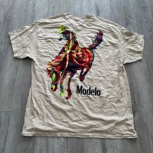 Modelo Cerveza Mens XL Tan Graphic T-Shirt Rodeo Bronco Horse Beer Promo Tee